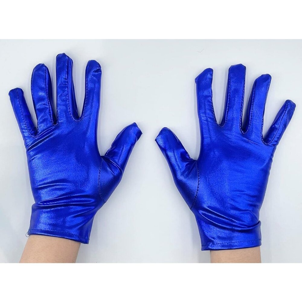Women's Blue Shiny Metallic Wrist Gloves Cosplay Halloween Costume Accessories - Picture 2 of 4